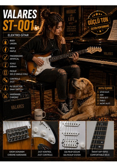 Valares St-q01 Leektro Gitar Üst Seviye Sahne Performansı Full Aksesuar Hediyeli Sunburst