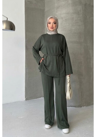 Thiff Tesettür Önü Bağlamalı Oversize Çimalı Modal Takım Yeşil