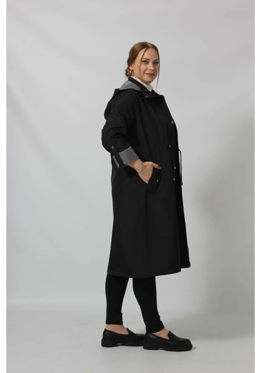 Uzun Astar Detaylı Bondit Trençkot Siyah Siyah