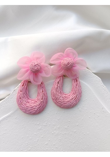 Pembe Çiçekli Hasır Küpe Altın - Pembe