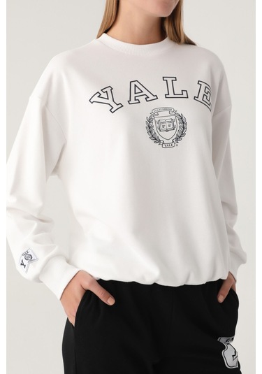 Yale Krem Baskılı Bisiklet Yaka Kadın Sweatshirt 5274-41118 Krem