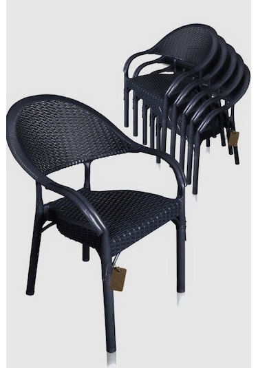 6 Adet Bambu Rattan Kollu Sandalye Koltuk Siyah Siyah