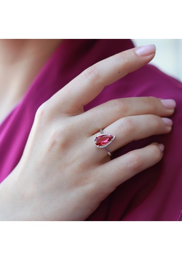 Lal Taşlı Damla Model Gümüş Takım Gümüş