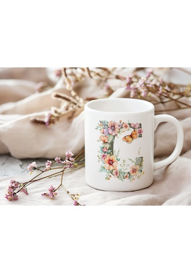 C Harfi Çiçekli Kupa Bardak - Soft Renk Çiçek Ve Kelebek Desenli Zarif Kahve Kupası - Bohem Beyaz