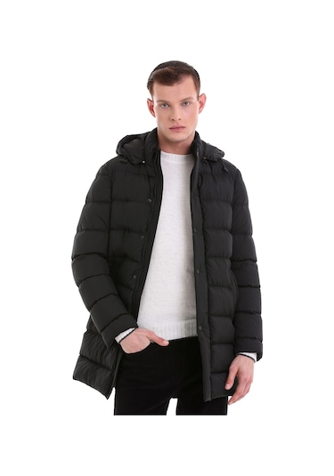 Hatemoğlu Siyah Slim Fit Hakim Yaka Kapüşonlu Basic Kaban 22232023A008 002 Siyah