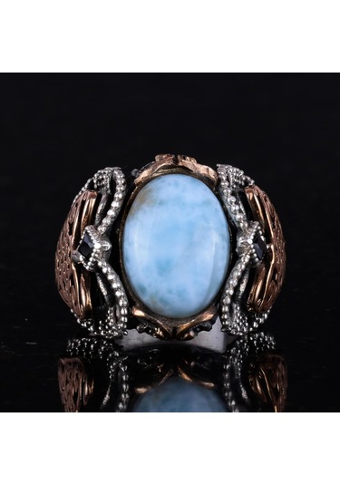 Doğal Larimar Taşlı Yüzük, 925k Saf Gümüş Erkek Yüzüğü, Okyanus Sakinliği Tasarımı Gümüş