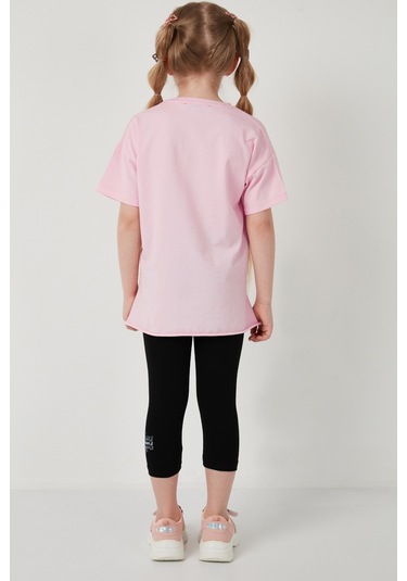 Lela Pamuklu Bisiklet Yaka Kısa Kollu Taytlı Alt-Üst Kız Çocuk Takım 6212007 Pembe