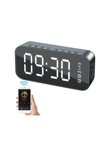 Yunboo Siyah Mini Masaüstü Müzik Hoparlörü - Akıllı Alarm Saati, Led Ayna Ekranı, 6 Saat Çalma Süresi, Bluetooth 5.0, Ev Ve Ofis İçin