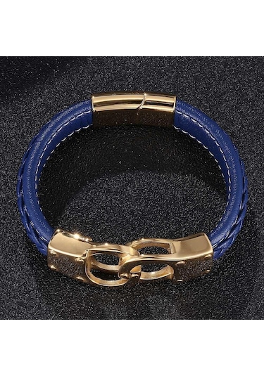Punk Erkek Mavi Deri Bileklik Paslanmaz Çelik Charm Kelepçe Altın Rengi Moda Takı Bileklik Bb0743 Mavi