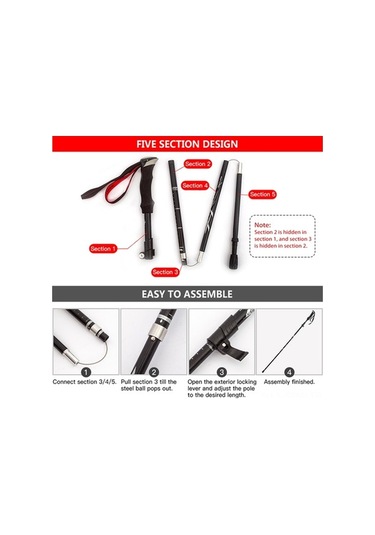 Besthome1 Alüminyum Trekking Çubuğu 5 Bölümlü 36cm Daraltılabilir 265g Kısa Ultra Hafif Dağ Yürüyüşü, Kırmızı Uzun Tip Tek Ade Çok Renkli