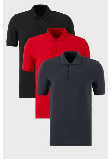 Buratti Pamuklu Regular Fit Düğmeli Polo Yaka 3'Lü Paket Erkek T Shirt 5902127S3 Siyah-Kırmızı-Antrasit