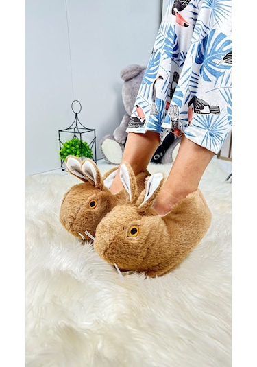 Kadın Panduf Tavşan Figürlü Peluş Ev Botu Desenli Düz Taban Rahat Hafif 359 Kahve