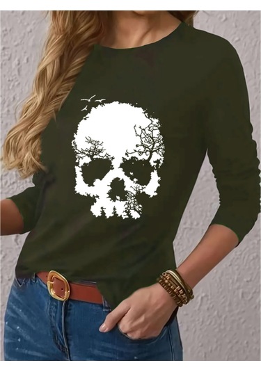 Ahes Shopping Kadın Uzun Kollu Bisiklet Yaka Kurukafa Desenli Viskon Bluz Yeşil