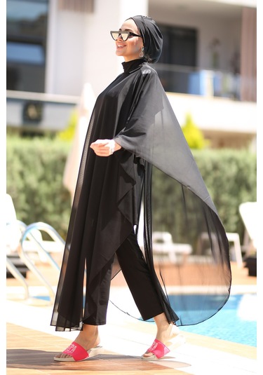 Remsa Mayo Tesettür Mayo Üzerine Desenli Tek Kaftan Pareo Rp001 Siyah Siyah