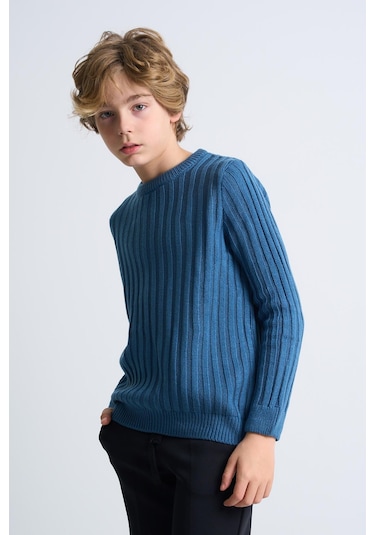 Alexandergardı Desenli Uzun Kollu Triko Çocuk Kazak Mavi