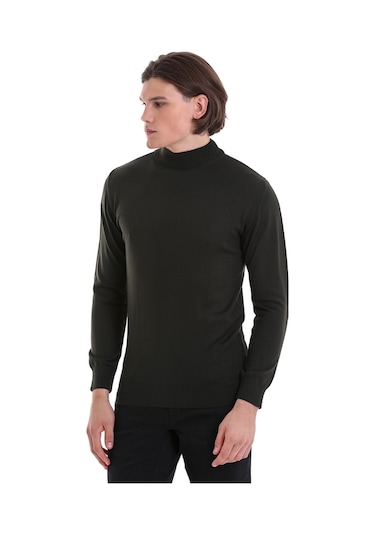 Hatemoğlu Haki Regular Fit Düz Yarım Balıkçı Yaka Yünlü Triko Kazak Haki