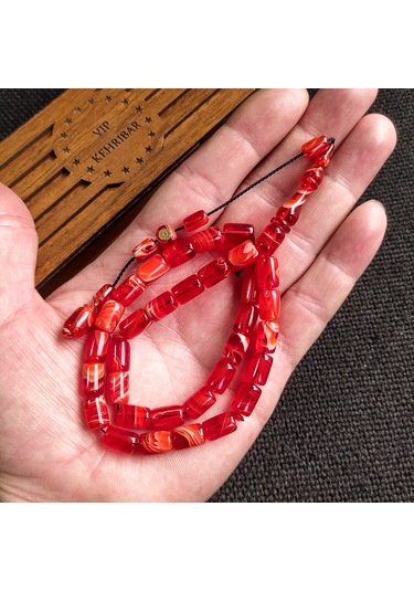 İmzalı 7X11 mm Turuncu Ateşi Kehribar Tesbih Usta İşçilikli