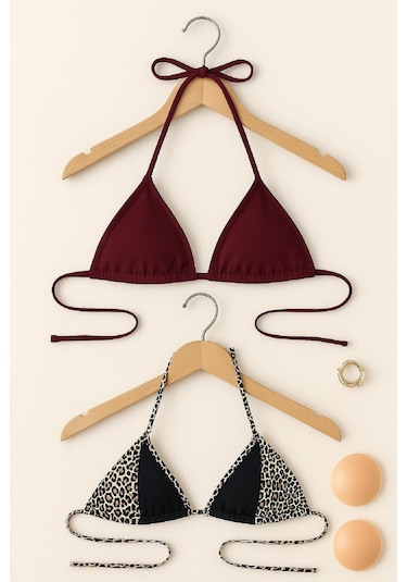 Modadua Kadın Leopar Desenli Ve Bordo Minimal Kesim Üçgen Bikini Üstü