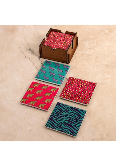 Leopar Ve Zebra Ahşap Kutulu 4'lü Seramik Bardak Altlığı