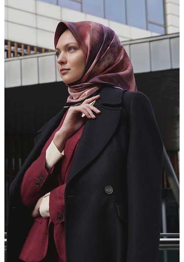 Poanes Karma Desenli Twill İpek Eşarp Açık Pembe - Pembe