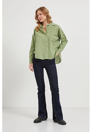 Kadın Cepli Flamlı Oversize Uzun Kol Müslin Keten Gömlek Çağla