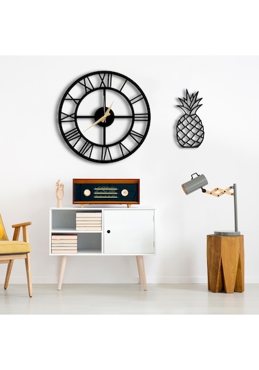 50X50 Dekoratif Duvar Saati + Tablo 40X40 Cm Hediye Siyah