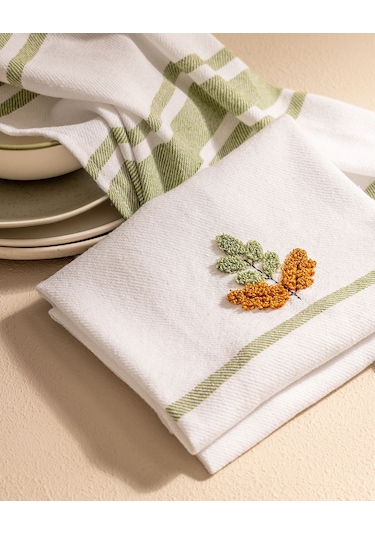 Fleur Nakışlı 2' Li Pamuklu Kurulama Bezi - Beyaz/yeşil 8684427202128 Çok Renkli