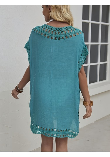 Düz Renk Tığ İşi V Yaka Ultra Rahat Kesim Plaj Elbisesi Mavi