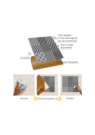 Tink KENDİNDEN YAPIŞKANLI SİYAH BEYAZ KARMA DESENLİ PVC KARO 30X30 CM