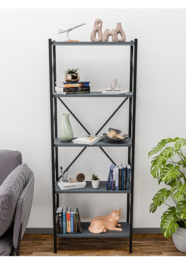 Metal Kitaplık 5 Raflı Dekoratif Kitaplık Ev Ofis Mutfak Rafı Çok Amaçlı Antrasit
