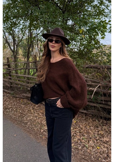 Kahverengi Kayık Yaka Kazak - 4338 Kahverengi