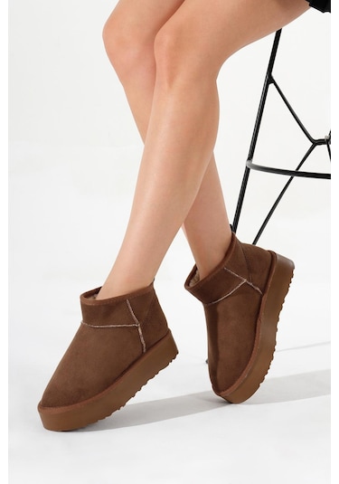 Kalın Poli Taban İçi Kürklü Süet Görünümlü Kadın Taba Bot Tbmhh005 Taba