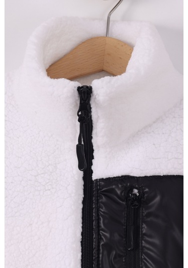 Monox Çocuk Lastik Manşetli Fermuarlı Unisex Kuzu Wellsoft Peluş Ceket Beyaz