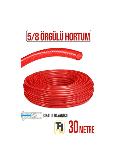 5/8 Örgülü Bahçe Hortumu Çatlamaz, Kırılmaz, Esnek 30 Metre Kırmızı