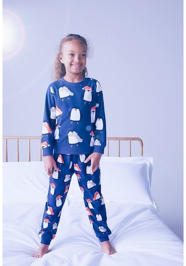 Unisex Çocuk Yeni Sezon Pamuklu Mavi Renk Eğlenceli Penguenler Baskılıpaça Lastikli Pijama Takımı Mavi Penguen Mavi