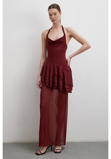 Boyun Askılı Fırfırlı Tül Elbise Bordo Bordo