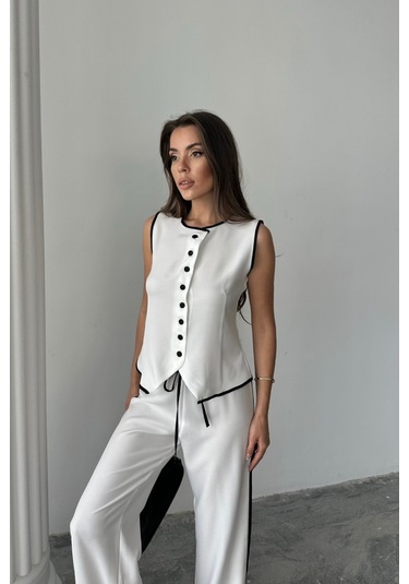 Keten Kenarları Biyeli Yelek - Pantolon Takım - Beyaz Beyaz