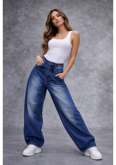 St.poll Eskitme Yıkamalı Baggy Jean Mavi