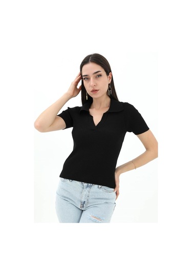 Polo Yakalı Kısa Kol Triko Kazak - Siyah - Kadın Siyah