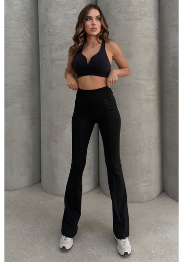 Lesa Wear Yüksek Bel Toparlayıcı Ve Sıkılaştırıcı Likralı Çift Cepli Ispanyol Paça Tayt Bootcut Siyah