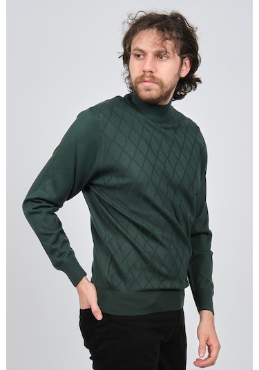 Pave Erkek Yarım Balıkçı Baklava Desenli Yün Kazak 4537220 Yeşil Yeşil