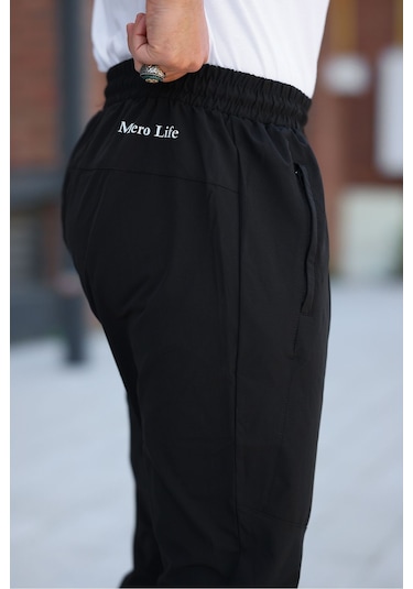 Erkek Siyah Baggy Eşofman Altı Fermuarlı Paça Kaliteli Paraşüt Kumaş Siyah