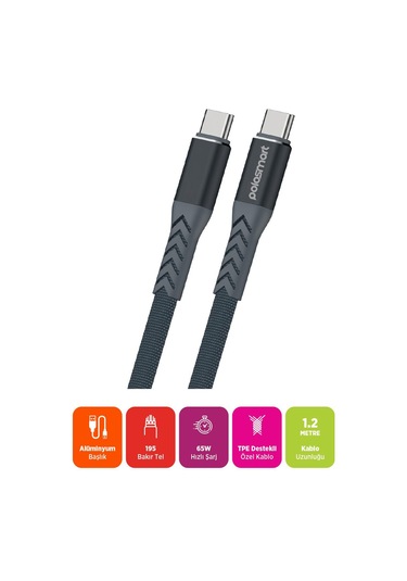 Polosmart Psm117 65w Type-c To Type-c Hızlı Şarj Ve Data Kablosu Notebook Ve Macbook Uyumlu Gri