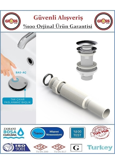 Pop-up Bas Aç Körüklü Lavabo Sifonu - Aç Kapa Sifon
