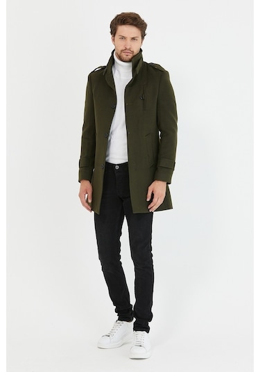 Erkek Haki Dar Kesim Dik Yaka Uzun Kaşe Kaban-Haki