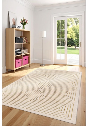 Zeminde Bir Labirent Simetrik Çizgili Modern Kaymaz Taban Halı Bej