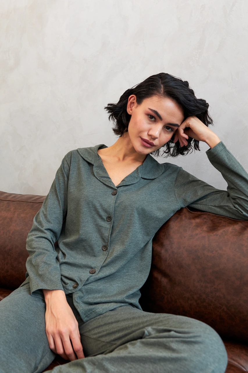 Akbeniz Kadın Haki Düğmeli Pamuklu Pijama Takımı Haki