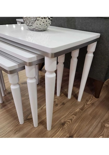 Akset 3lü Lüx Zigon Sehpa Beyaz Gümüş