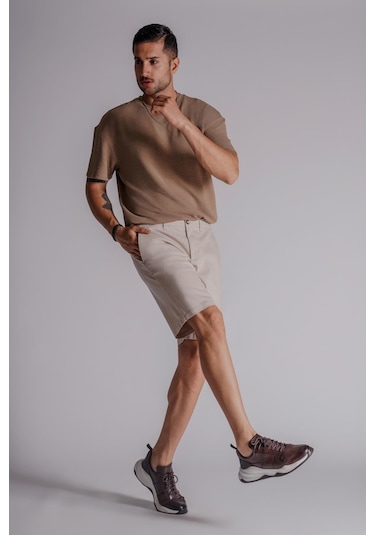 Braccas Erkek Yandan Cepli Klasik Bel Relaxed Fit Chino Şort Bej Bej