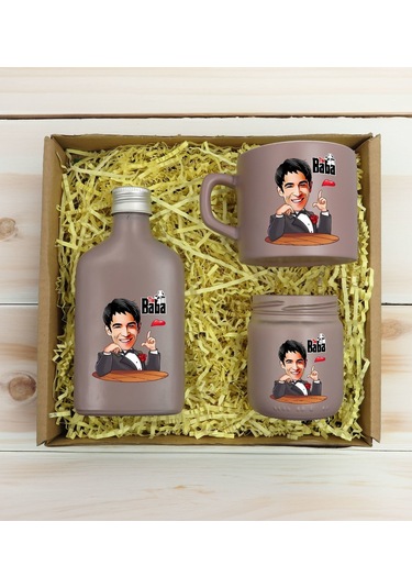 Bk Gift Kişiye Özel Dtf The Baba Karikatürlü Mat Gri Kahve Fincanı + Kolonya + Mum Seti 2